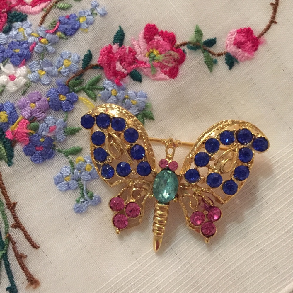 Vintage butterfly pin with pink and …